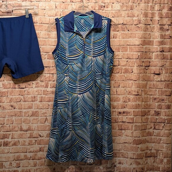 EP New York Blue and Green Leaf Print Golf Dress with Shorts Set Size Small - Picture 3 of 15